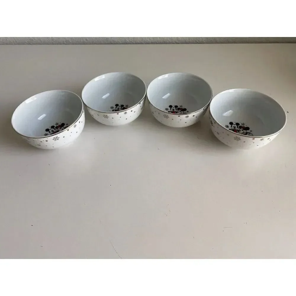 Set Of 4 DISNEY MICKEY MINNIE MOUSE Christmas Soup Snowflakes Red Scarf Bowl NEW